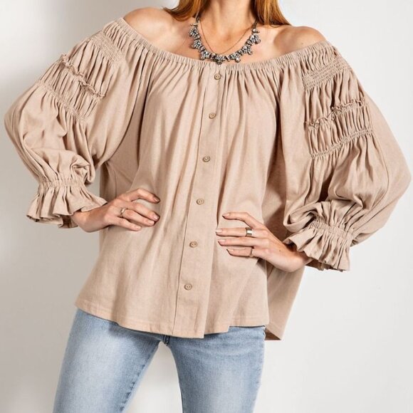 Cotton Off Shoulder Button Down Top With Ruched Sleeves - Picture 1 of 1